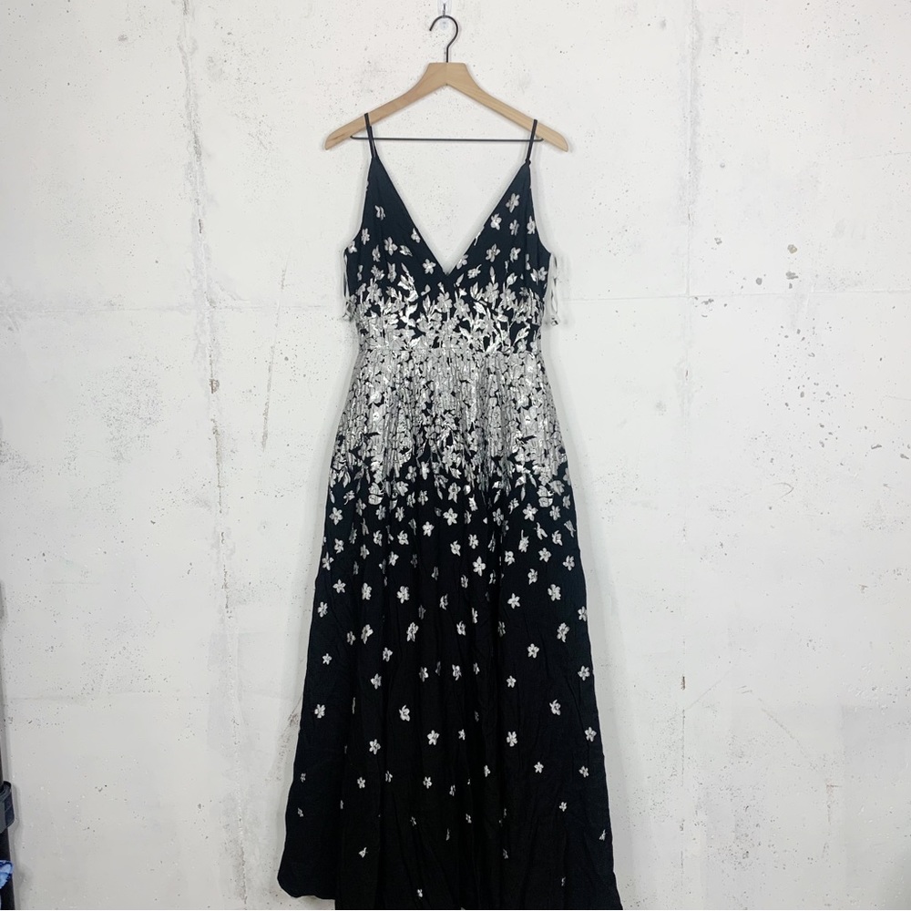 Monique Lhuillier Black Gown with Silver Floral Embroidery